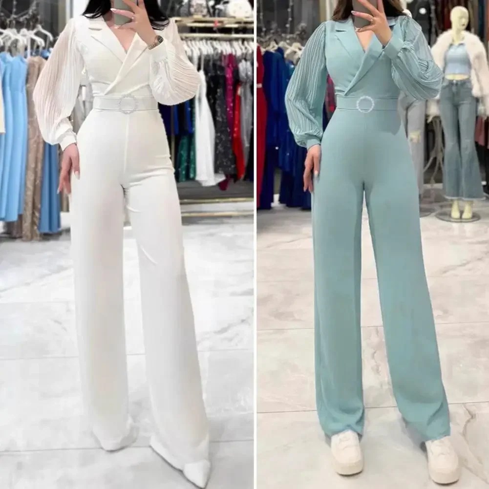 

Women Formal Jumpsuit Pleated Lantern Sleeve Turn-down Collar V Neck Rhinestone Buckle Decor Wide Leg High Waist Pure Color OL C