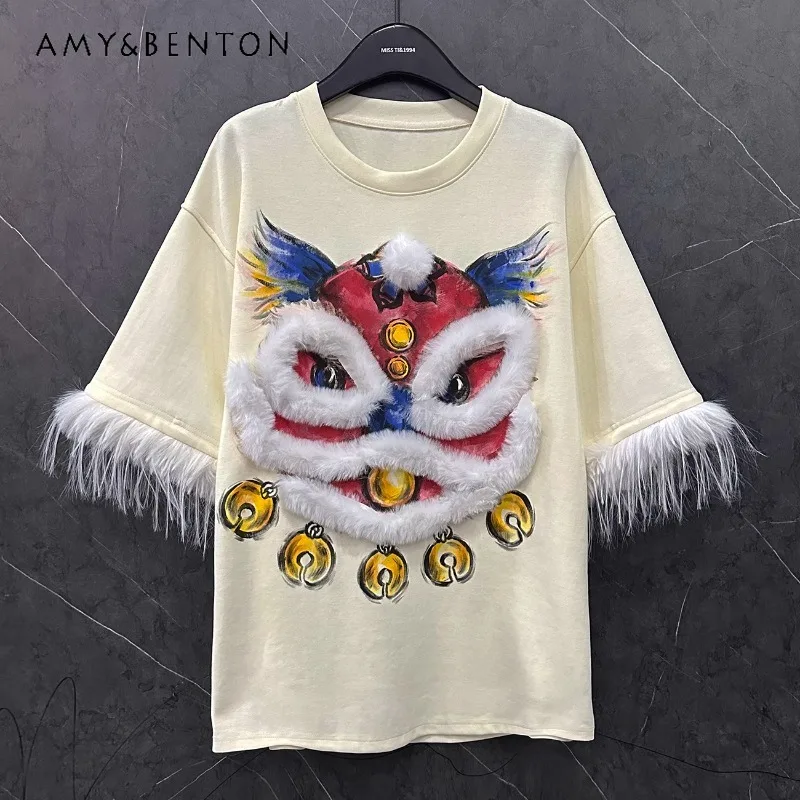 2024 Light Luxury Temperament Sweet Cute Thick Tees Thickened Cartoon Pattern Round Neck Pullover Black Woolen Sleeves T-shirts