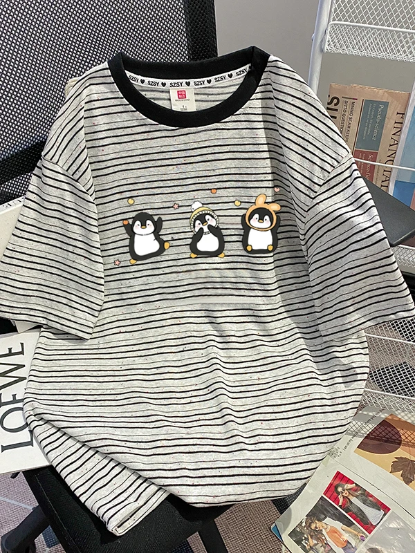 

Summer ort Sve T-irt ex Pure Cotton Striped Trendy Brand Casual Top for Youth round Ne Loose Fit Summer Wear
