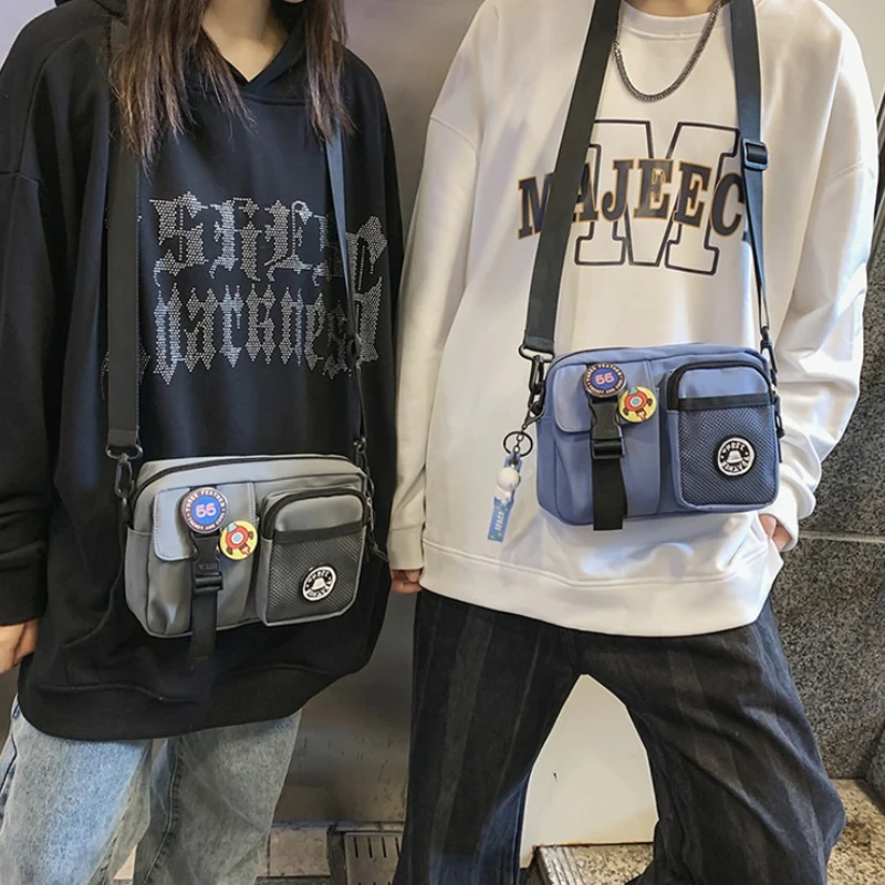 Fashionable Couple Style Crossbody Bag,with Mesh Pocket 2 Badge, Adjustable Wide Strap, Casual Sling Purse for Daily Outdoor
