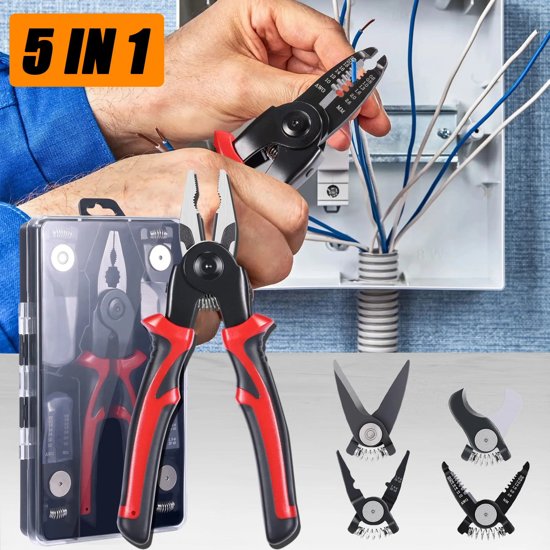 5 IN1 Multifunctional Replaceable Wire Stripper Diagonal Pliers Steel Wire Plier Wire Long Nosed Pliers Tin Snips Hand Tools New