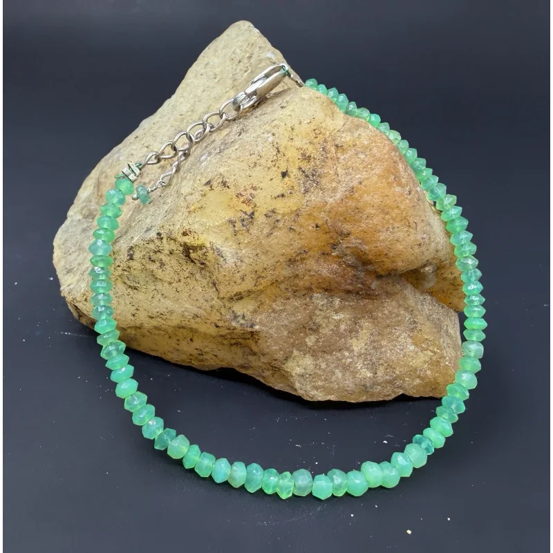 

Chrysoprase Bead Bracelet 7” Round Faceted Sterling Silver