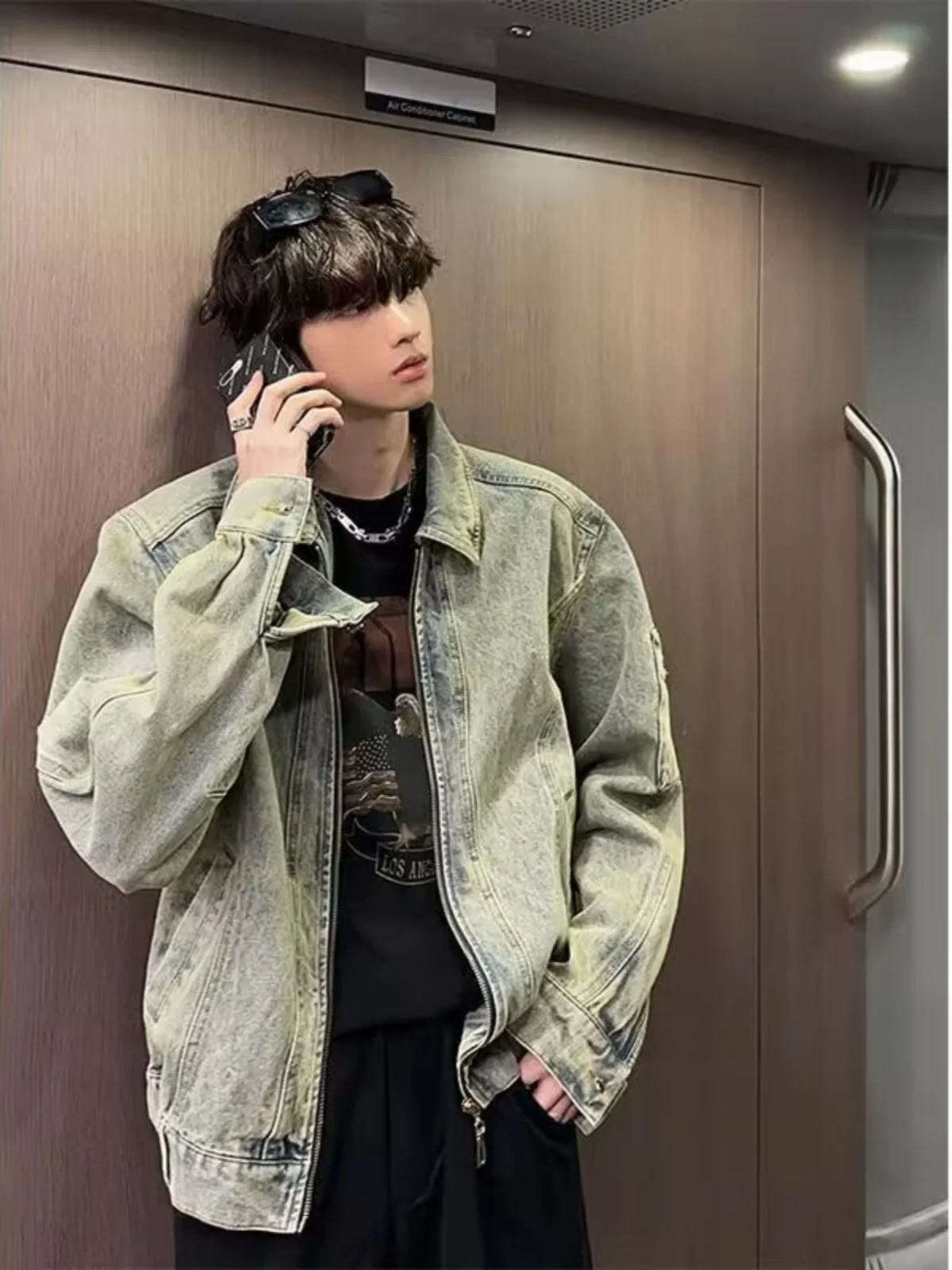 Retro Waed Denim Jaet Heren Lente Herfst Losse Casual Werkkleding Jaet Trendy High Street Sle Stand Fit Ritssluiting