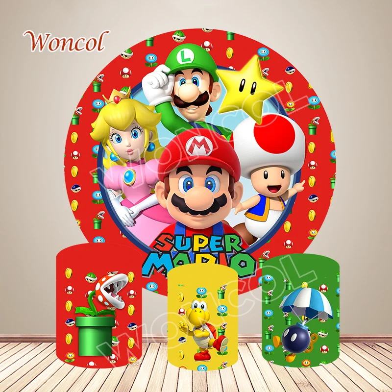 Super Mario Round Backdrop Baby Shower Background Piranha Plant Koopa Troopa Cylinder Cover Kids Birthday Party Decor Prop