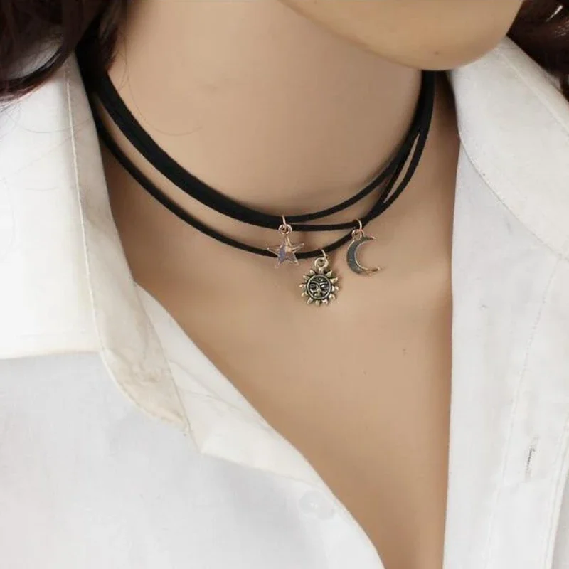 3pcs/Set Vintage Women Gothic Multilayer Necklace For Women Girls Black Leather Rope Sun Moon Choker Necklaces Jewelry Set Gift