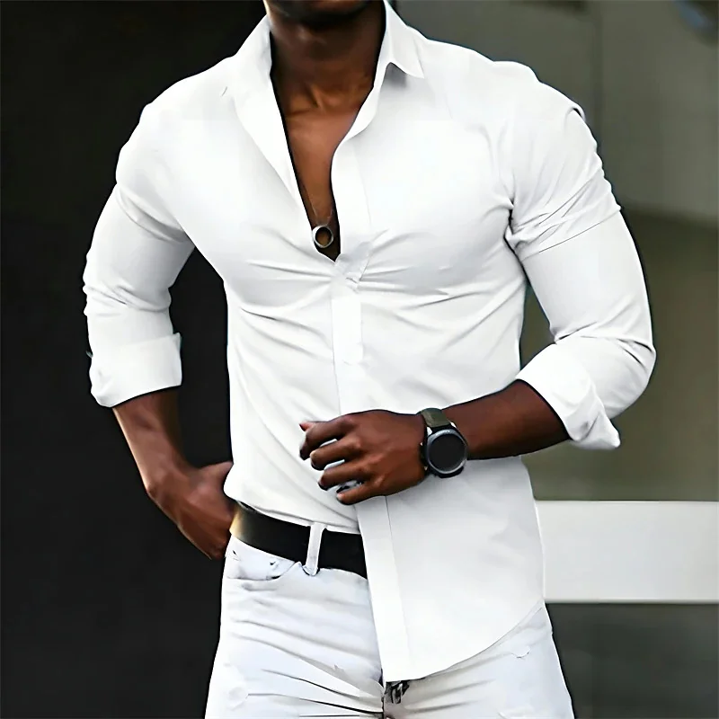 

New men's shirt solid color long sleeve casual fashion black and white multi-color optional all seasons business men's shirt