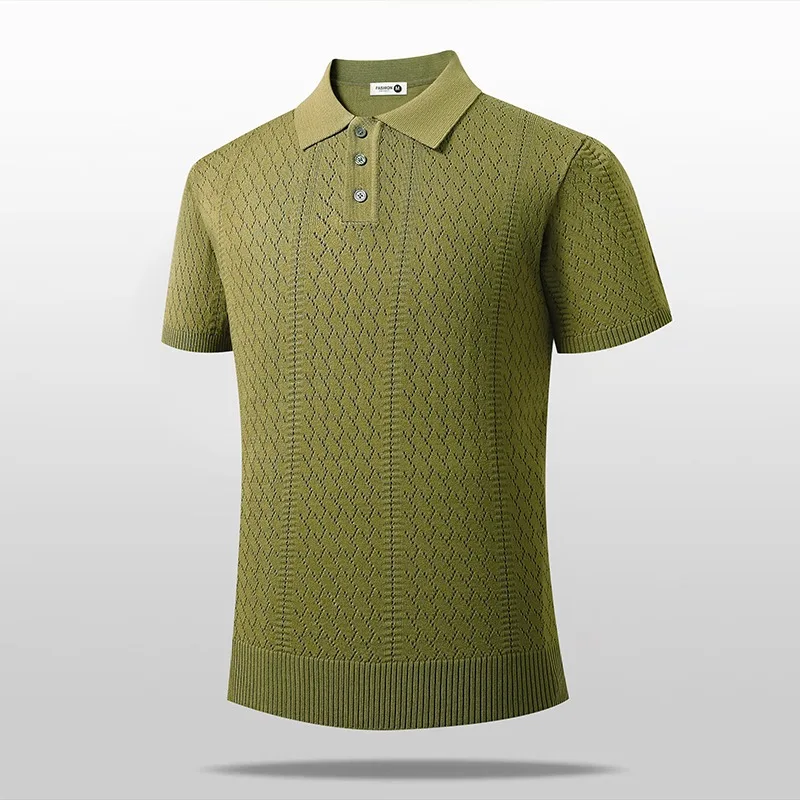 Men Old Money Style Ice Silk Knit Lapel Short Sleeve Polo Shirt Summer Luxury Casual Daily Tops