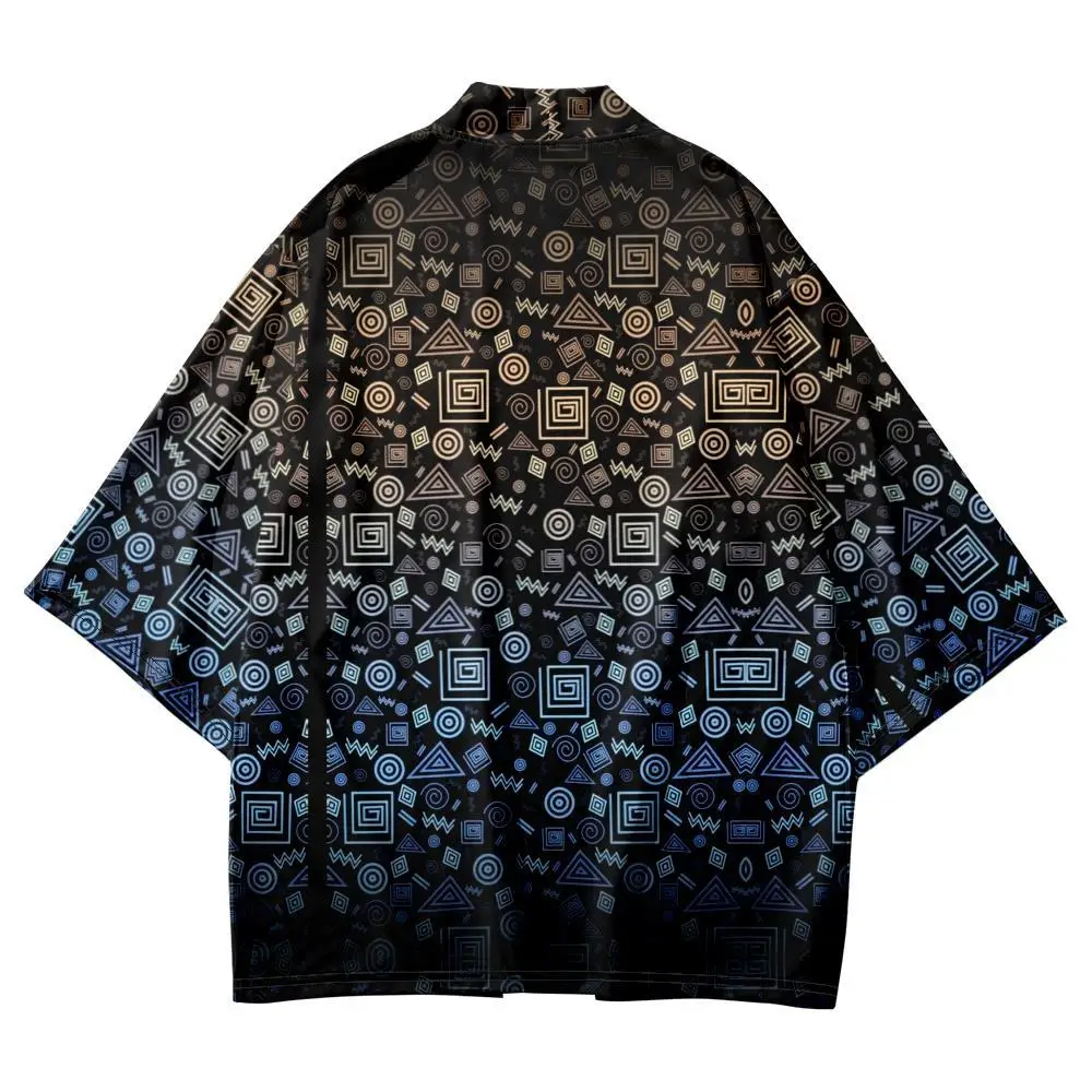 Gradient Geometric Patterns Printed Japanese Kimono Beach Shorts Men Women Looser Cardigan Yukata Clothing Harajuku Haori