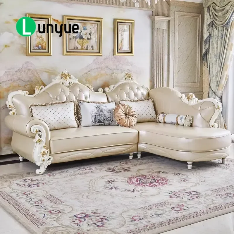 For Luxury European Style Leather Solid Wood Carved Sofa High Quality Simple Design Villa Living Room Furniture Latest Trend