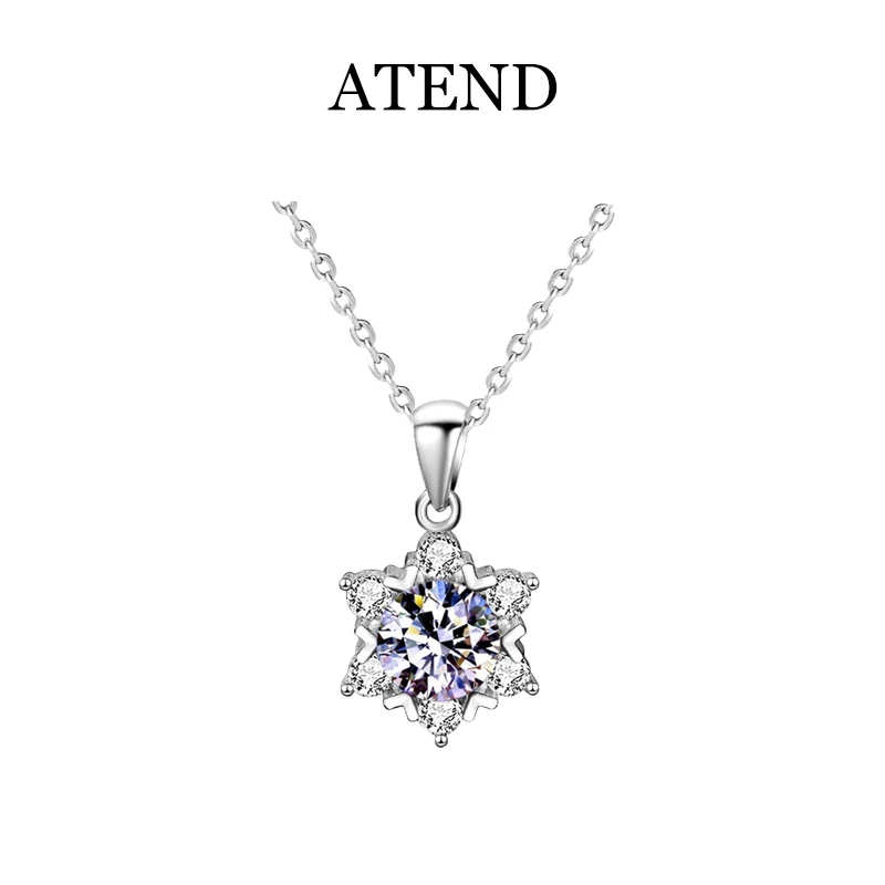 

ATEND 925 Sterling Silver Snowflake Moissanite Pendant 2ct D Color VVS1 Lab Diamond 18k White Gold Necklace for Women Jewelry