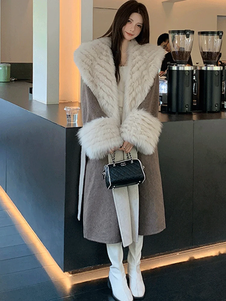 2025 핫 세일 겨울 여성용 천연 리얼 폭스 퍼 칼라 커프스 코트 울 울렌 재킷 여성 아우터웨어 럭셔리 재킷