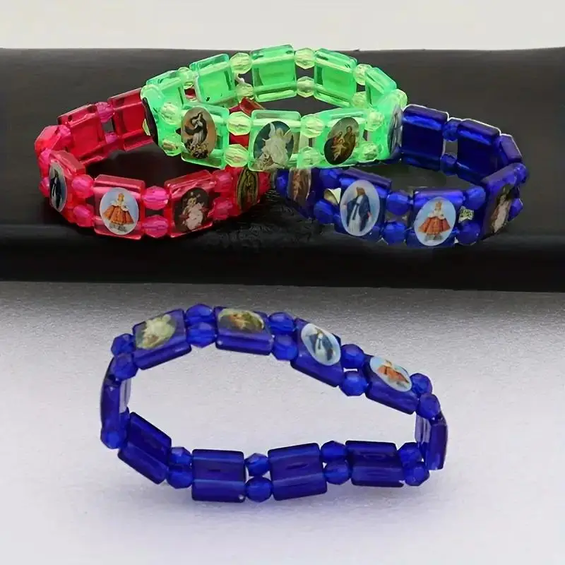 【M】Vintage And Mary PVC Rosary Bead Bracelet With Elastic Band Religious Image Stickers For Daily Wear Parties