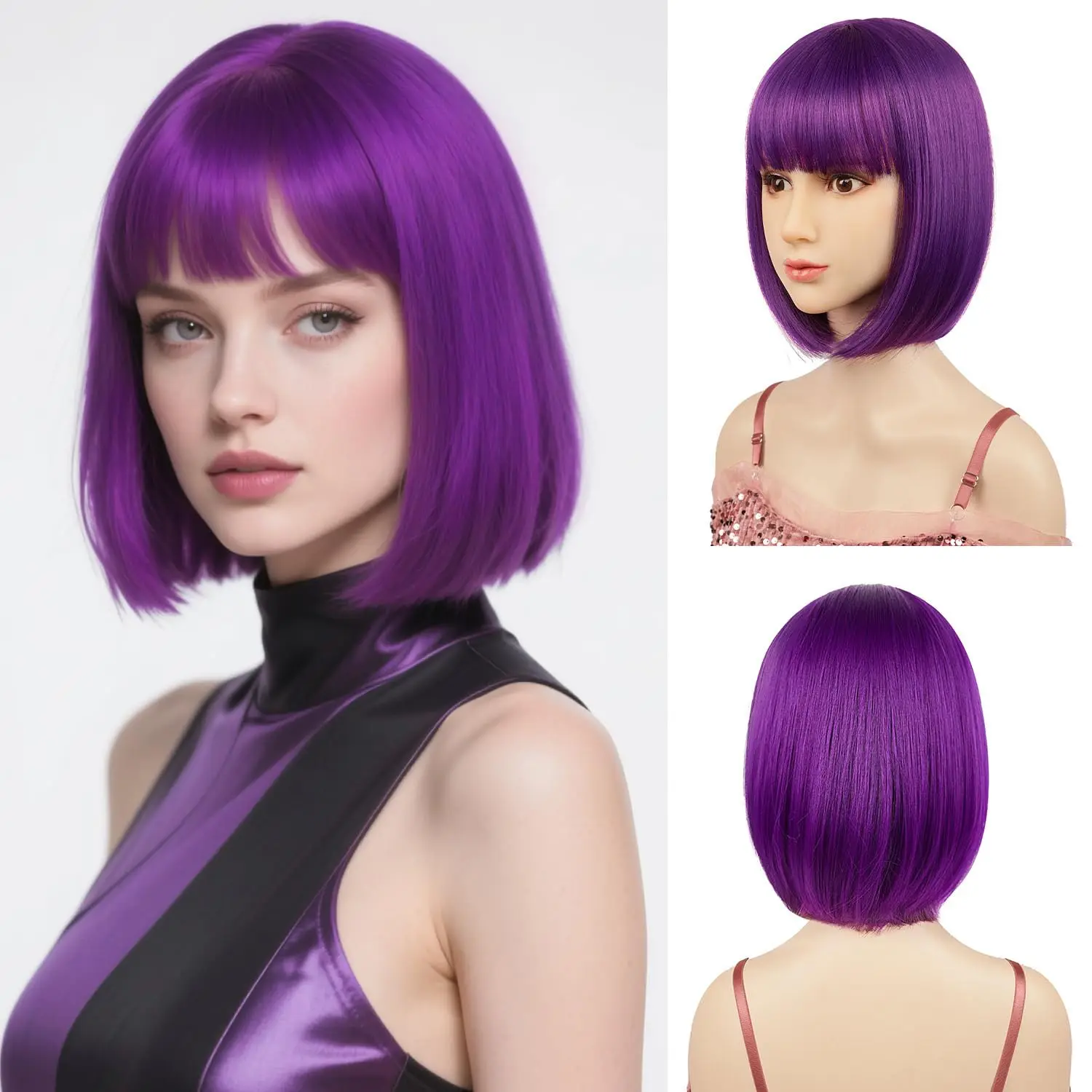 Short Bob Hairstyle Purple Synthetic Wig for Halloween Party Cosplay Role-Playing Wig Daily High-Temperature Hairnet