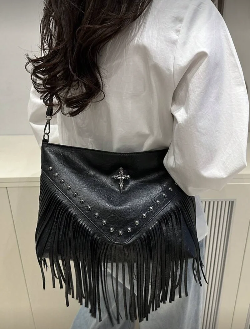 Fashionable Retro Leather Crossbody Bag, Bohemian Style Shoulder Bag, Square Wallet with Tassel and Rivet Cross Decoration, for Casual Travel and Daily Use, Portable Business Work Backpack, Crossbody Bag, Hobo Style Tassel Crossbody Wallet, Small Handbag view 3