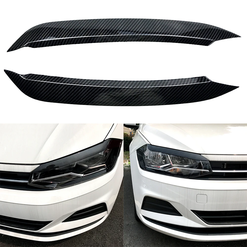 For VW Polo 2019 2020 Car Styling Headlight Lamp Eyebrow Eyelid Molding Trim Lid Cover ABS Carbon Fiber Look 2Pcs Accessories view 5
