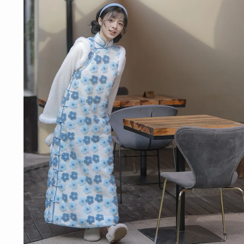 

Синяя женская традиционная китайская блузка с цветочным узором, длинными рукавами, свободного кроя, на пуговицах, осенне-зимняя