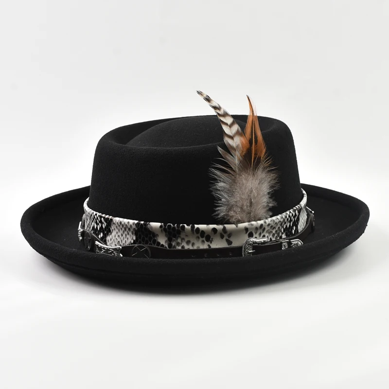 Classic Imitation Wool Soft Felt Pork Pie Hat Mens Rolled Brim Felt Fedora Hat with Feather