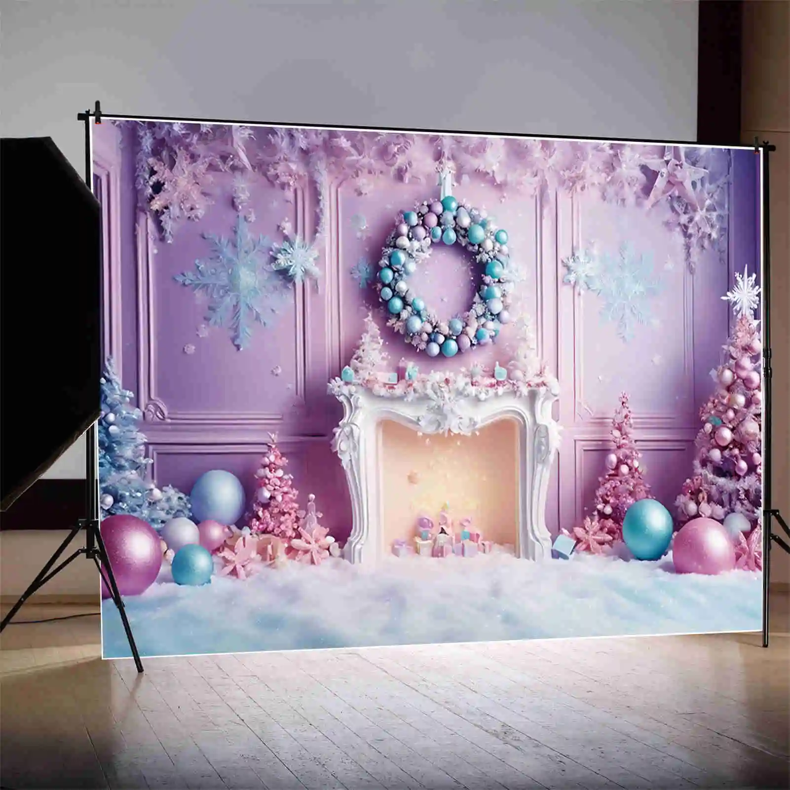 MOON.QG Christmas Shimmer Christmas Tree Backdrop Purple Ornamented Tree Fireplace Snowflake Background Party Photozone Supplies