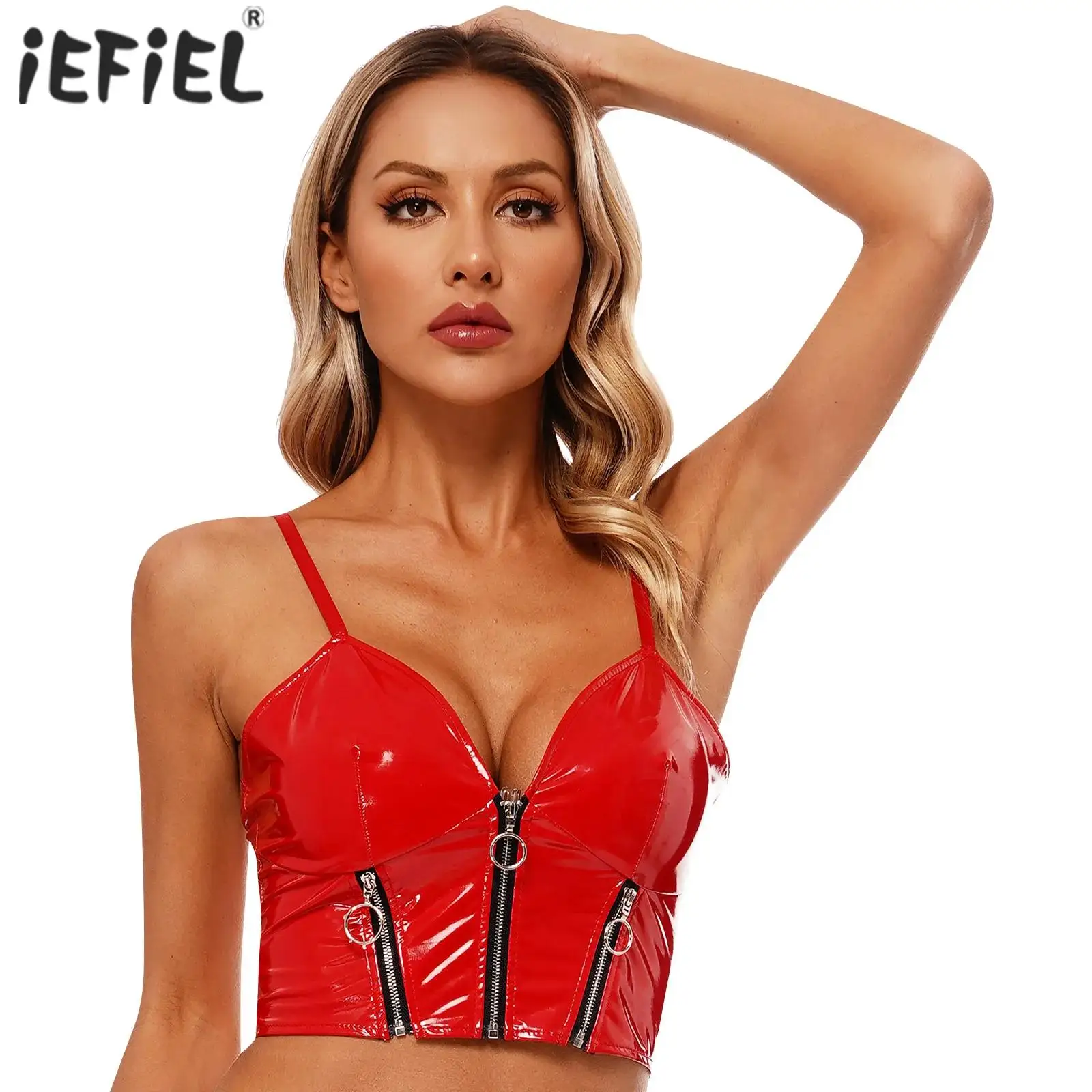 Womens Glossy Patent Leather Crop Top Deep V Neck Front Zipper Backless Sling Vest Sexy Camisole Corset Tops Rave Party Costume