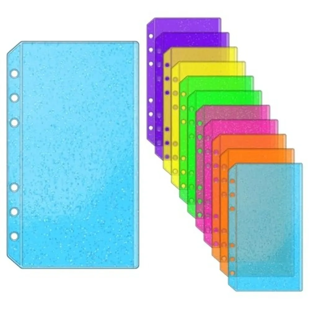 Flat Design PVC Binder Pockets 6-Hole Colorful Glitter Document Folders Waterproof A6 Loose Leaf Storage Bag Journal Planner