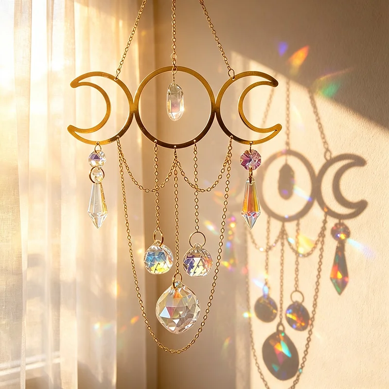 Wind Chime Sun Catcher Natural White Stone Golden Moon Hanging Ornament Oil‑Painting‑Style Window Decor Outdoor Garden Yard Wall