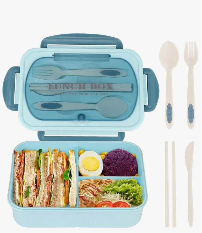 Bento-Box für Erwachsene, 3 Fächer, kann nicht in der Mikrowelle oder im Geschirrspüler verwendet werden (mit Messer, Gabel, Löffel und Stäbchen)