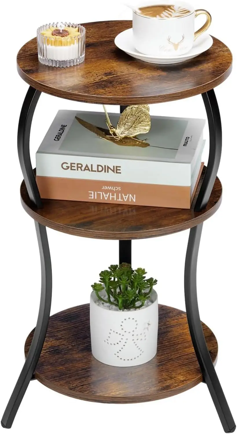 

Vintage Small Round Side Table, 3-Tier Slim Waist Circular End Table with Storage Shelf, Compact Tea Sofa Table, Round Corner