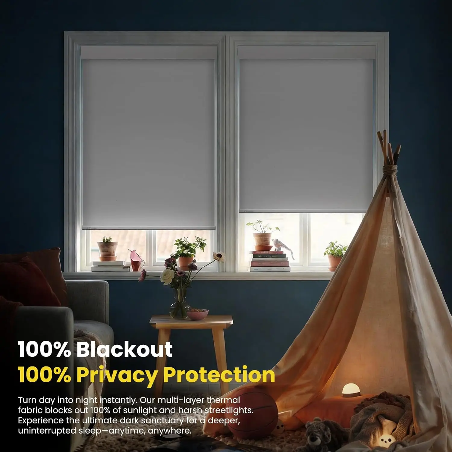 No Drill Motorized TUYA WIFI Google Home Aleax Control 100% Blackout Roller Blinds for Windows