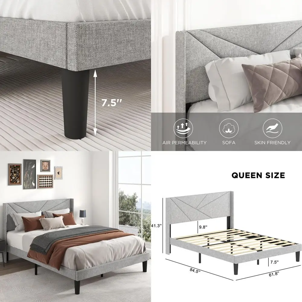 

Queen Size Upholstered Wingback Bed with Easy Assembly Platform Design, Heavy Duty Wooden Slats, Noise-Free, No Box Spring Requi