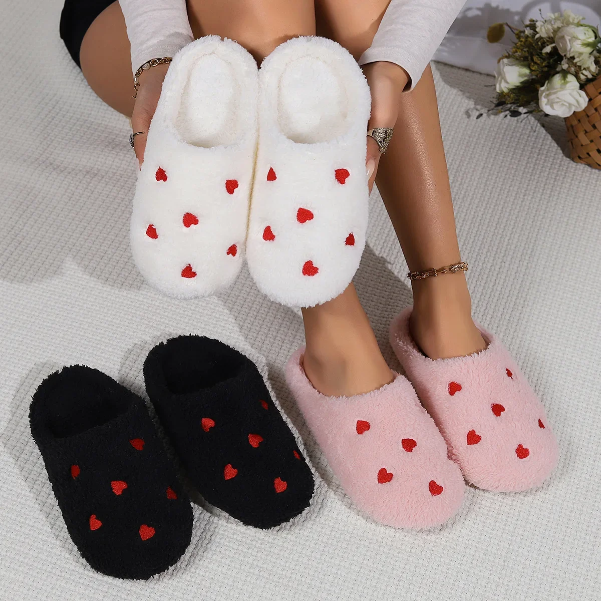 Shaped Indoor Floor Lovely Heart  Plush Cotton Slippers Lightweight Fabric Sole Fluffy Fur Shoes Woman Comfortable Silent Shoes