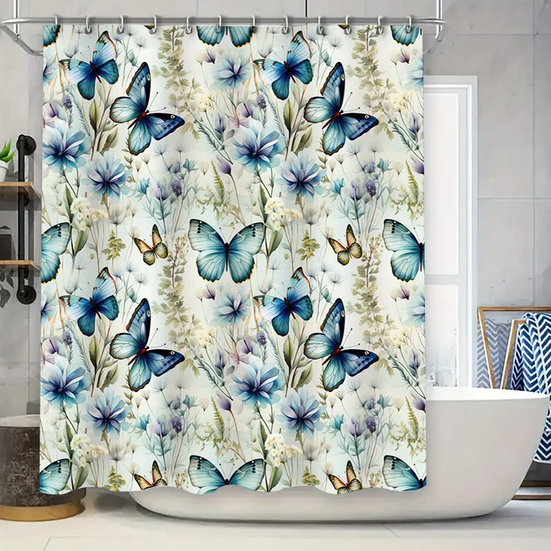 

Decorative Blue Butterfly Flower Shower Curtain Home Decor Bath Liner for Kitchen Bathroom Waterproof Fabric Customizable Size A