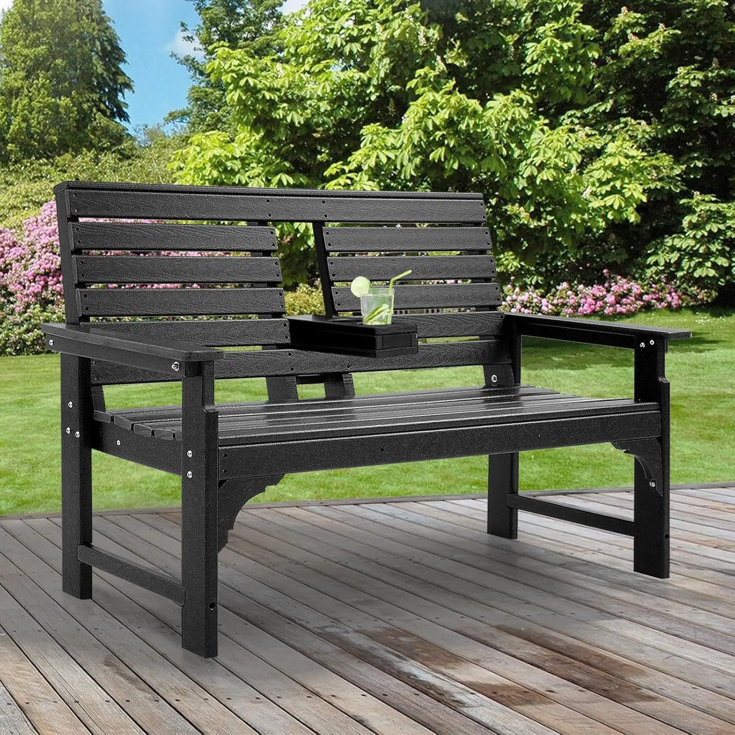 

Outdoor Bench Weatherproof - HDPE 2-Person Garden Bench with Cup Holders, Bench Furniture with Backrest and Armrests, 700 lbs Ca