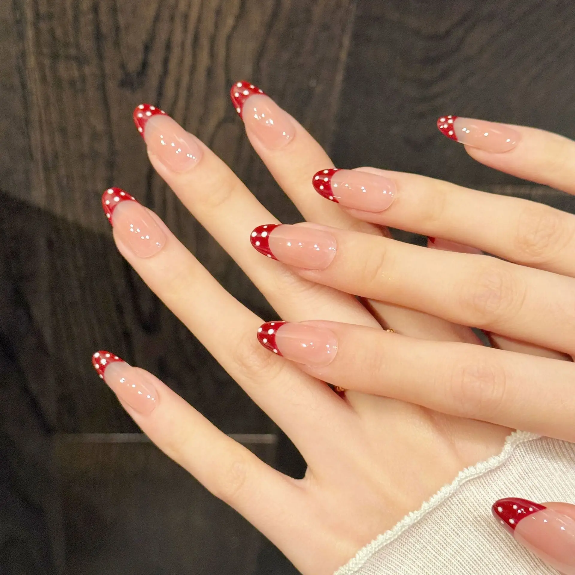 10Pcs Handmade Almond Nails Burgundy Polka Dot Nude Transparent Press on Nails With 4-PIECE Tool Adhesive Nail Glue Tabs