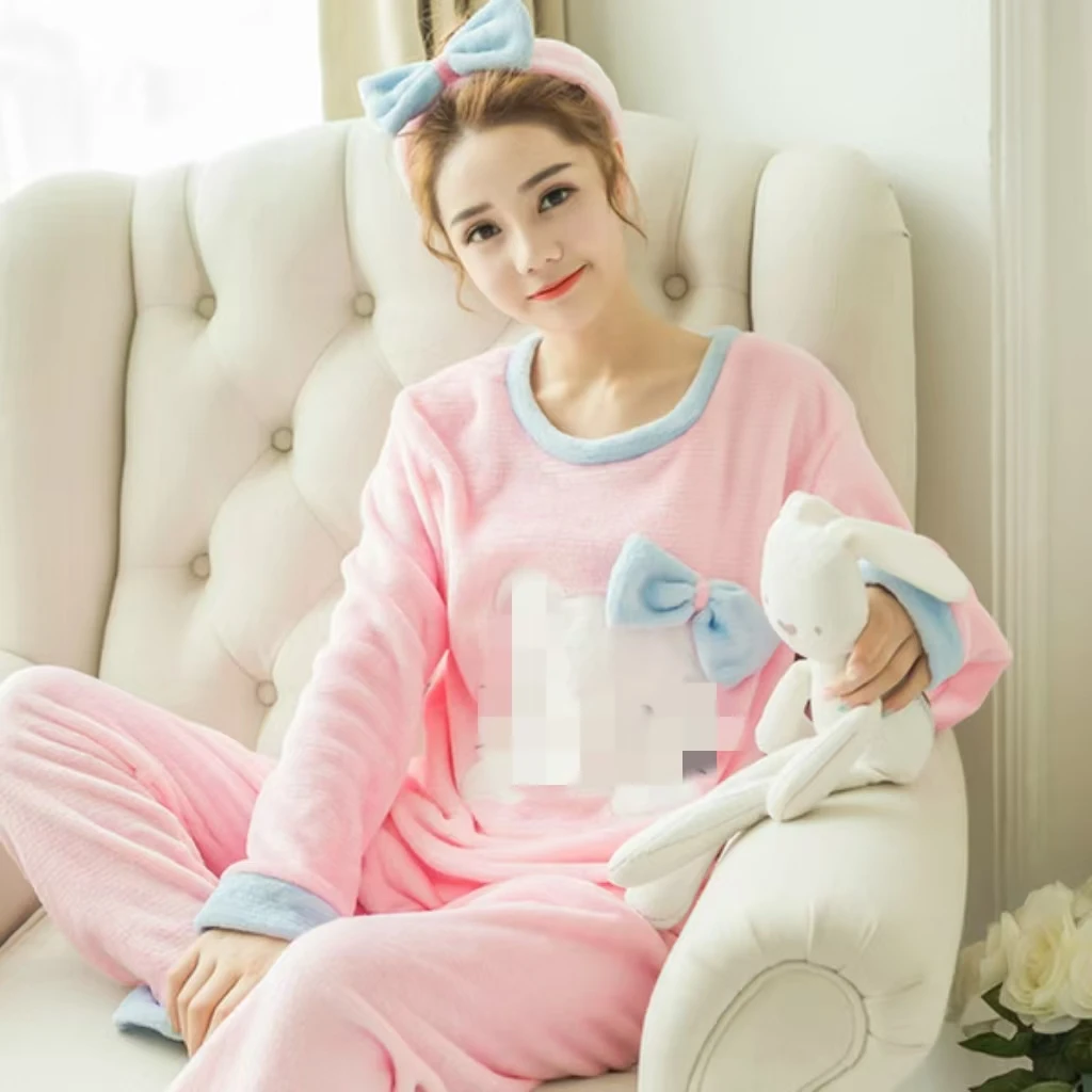 Autumn and Winter Thickened Warm Facecloth Pajamas Homewear Female Winter Coral Velvet Cute Cartoon Ladies Pajamas Homewear Suit