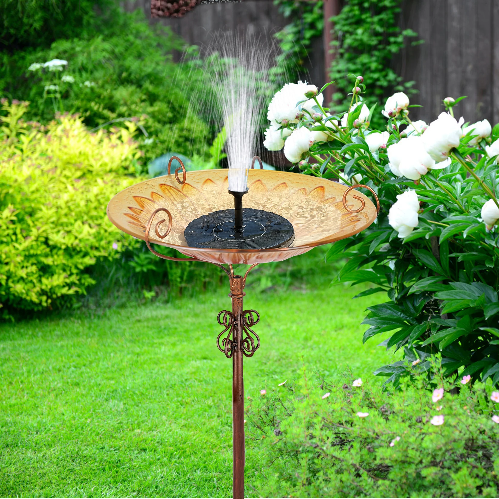 25 in Tall Yellow Glass Bird Bath Outdoor Garden Wild Birdbath Freestanding Bowl Birdfeeder Metal Stake