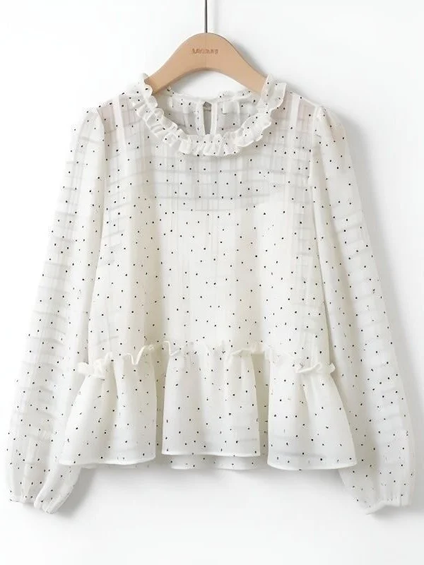 Daisy Pattern Polka Dot Gentle Style Women's Shirt Two-Piece Set Wooden Bells Early Autumn Collection Soft Fabric Long S... 4