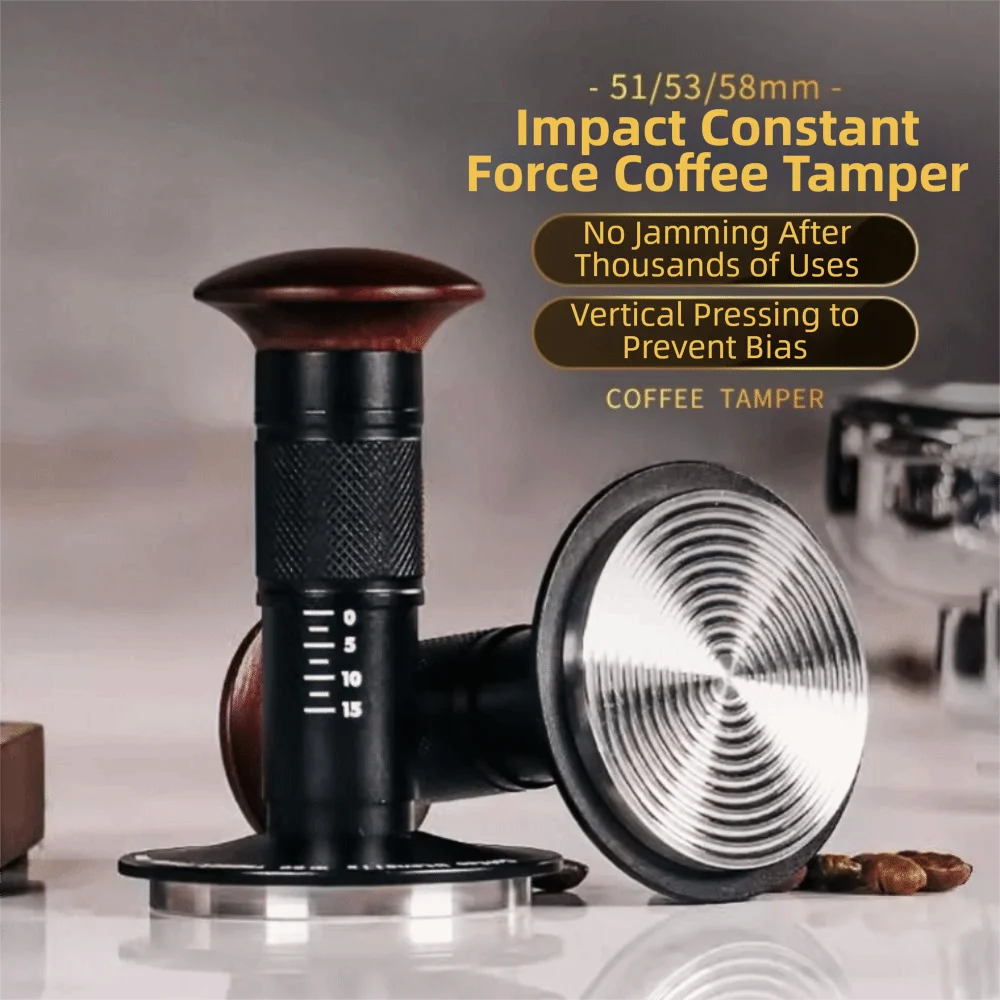 Auto Release Espresso Machine Tamper SUS304 with Markings Spring Loaded Tamper Walnut Handle Sound Feedback Coffee Powder Hammer