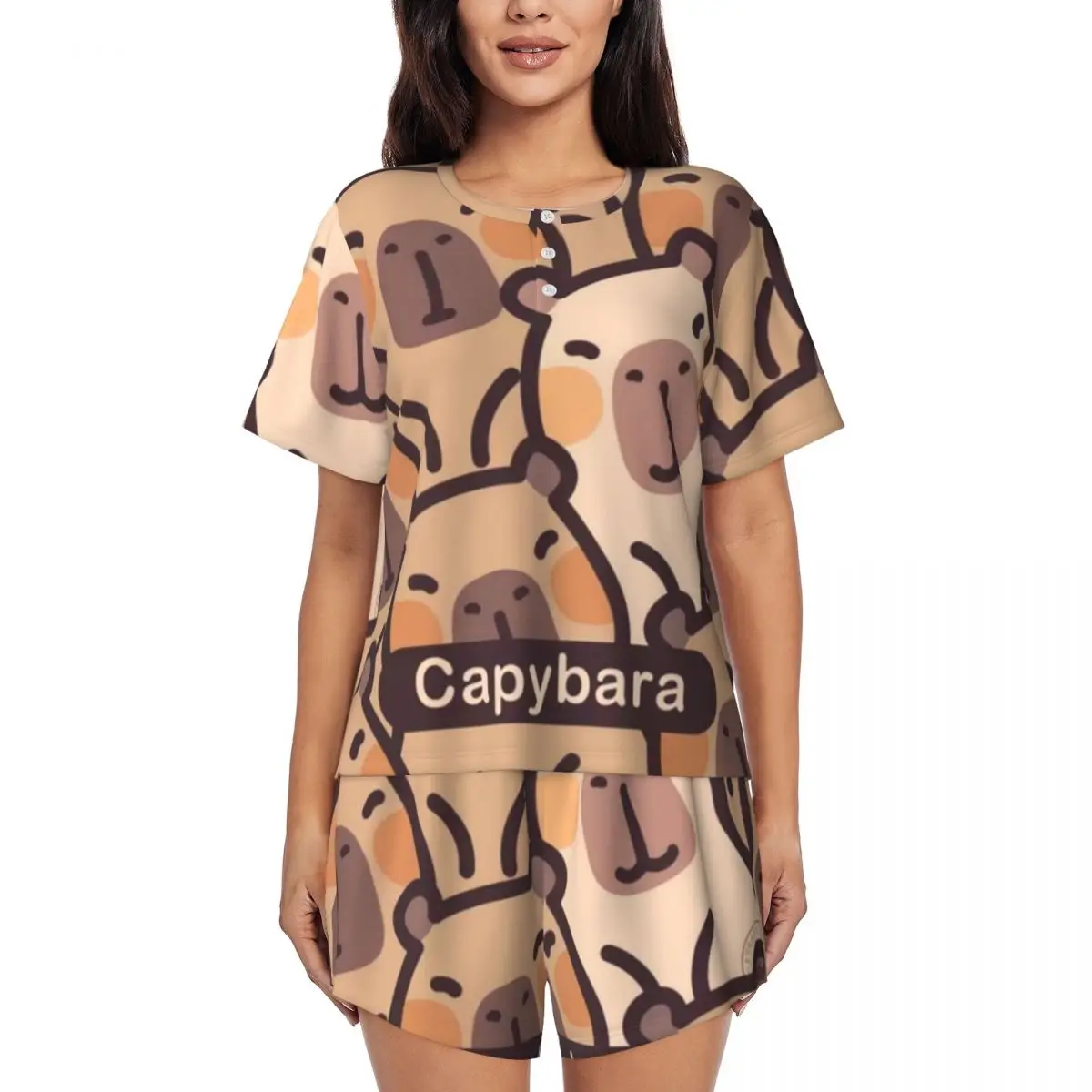 

Cute Capybara round neck high-quality Women Pajamas 2 Pieces Set Loungewear pyjama short sleeved pajamas set