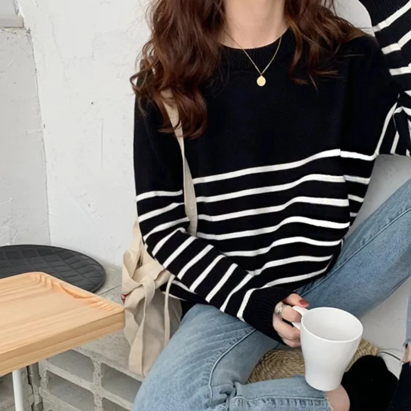 Autumn Striped Knitted Loose Large Size Sweater Wool Women Pullover Tops Long Sleeve Casual Cashmere Streetwear Female Spring