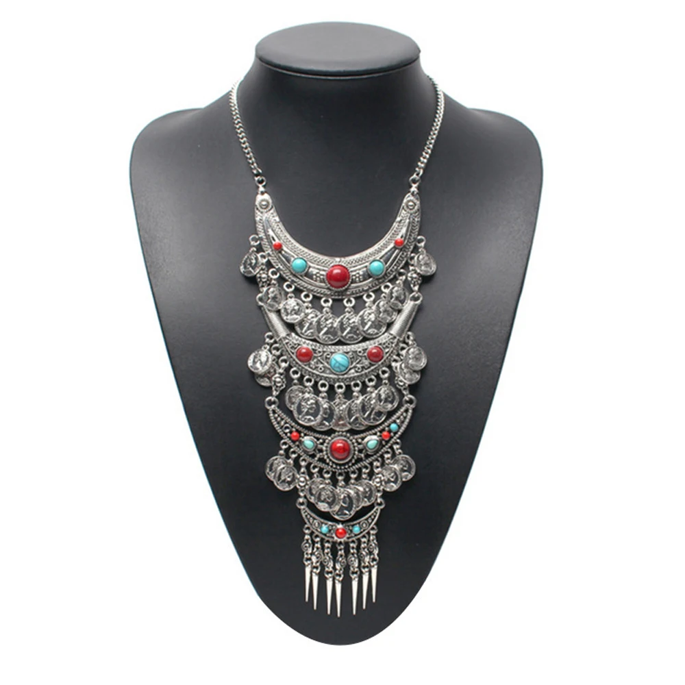 4-Layer Moon Pendant Coin Long Sweater Chain Retro Necklace Gypsy Tribe Ethnic Color Imitation Turquoise Boho Statement Jewelry