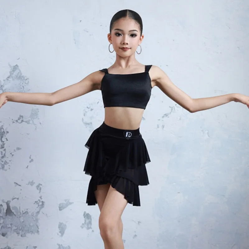Sommer Latin Dance Kleidung Kind Cha Cha Rumba Leistung Tragen Mädchen Schwarz Tanz Anzug Training Outfit Praxis Top Rock Set 2429