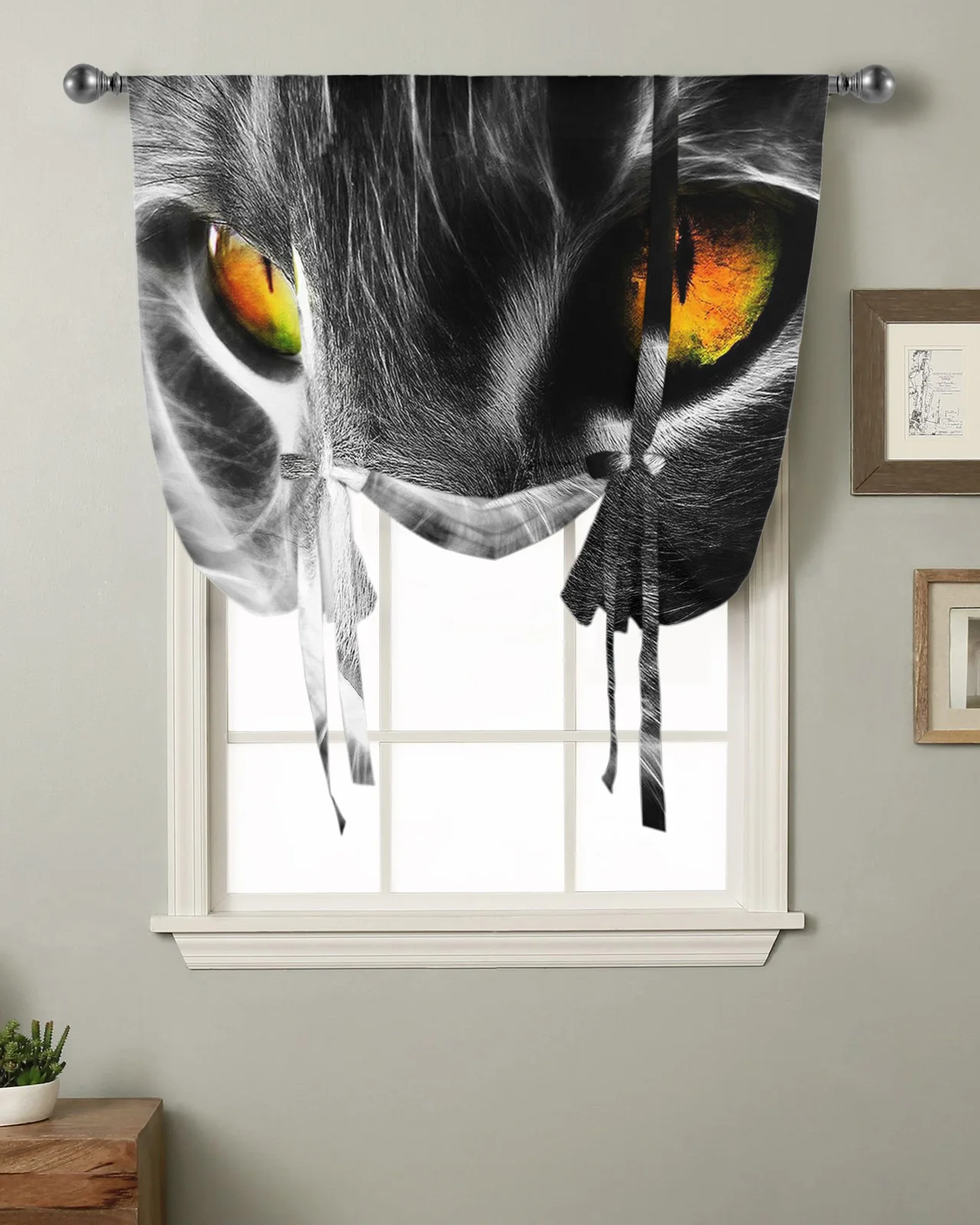 Black Cat Head Kitchen Short Window Curtain Rod Pocket Curtains Home Textile Roman Tie Up Curtains Bedroom Small Window Decor