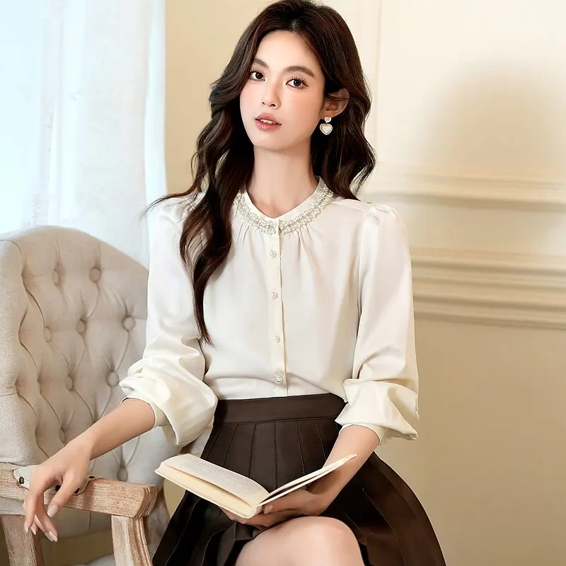 

Elegant Beaded Long Sleeve Satin Shirt Stand Collar Women's Chiffon Base Top Button Style Bubble Sleeve Open Cardigan Style