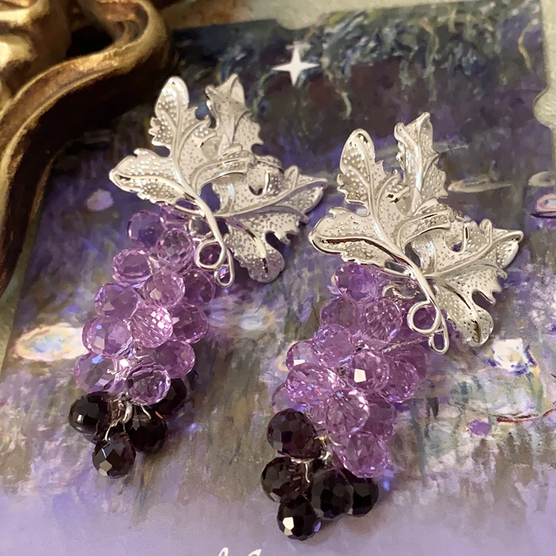 

Crystal grape stud earrings chic fine leaf beads sweet girls elegant ear accessory