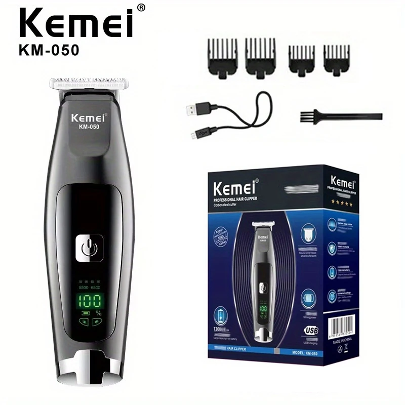 

Kemei KM-050 professional Usb rechargeable hair clipper shaving machine stainless steel blade with LCD display screen