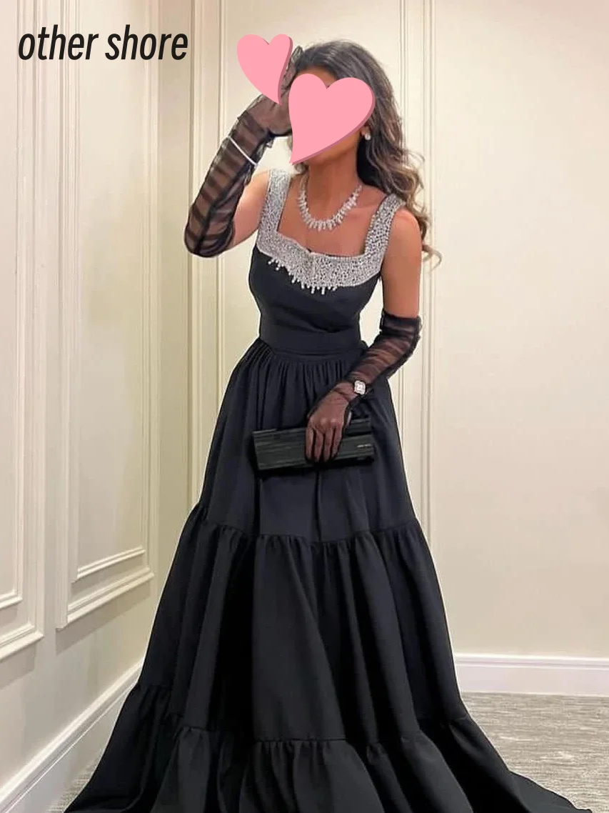 Other Shore Elegant Vintage Black Beading Pearls Square Collar Gloves Customized Formal Occasion Prom Dress Evening Party Gowns