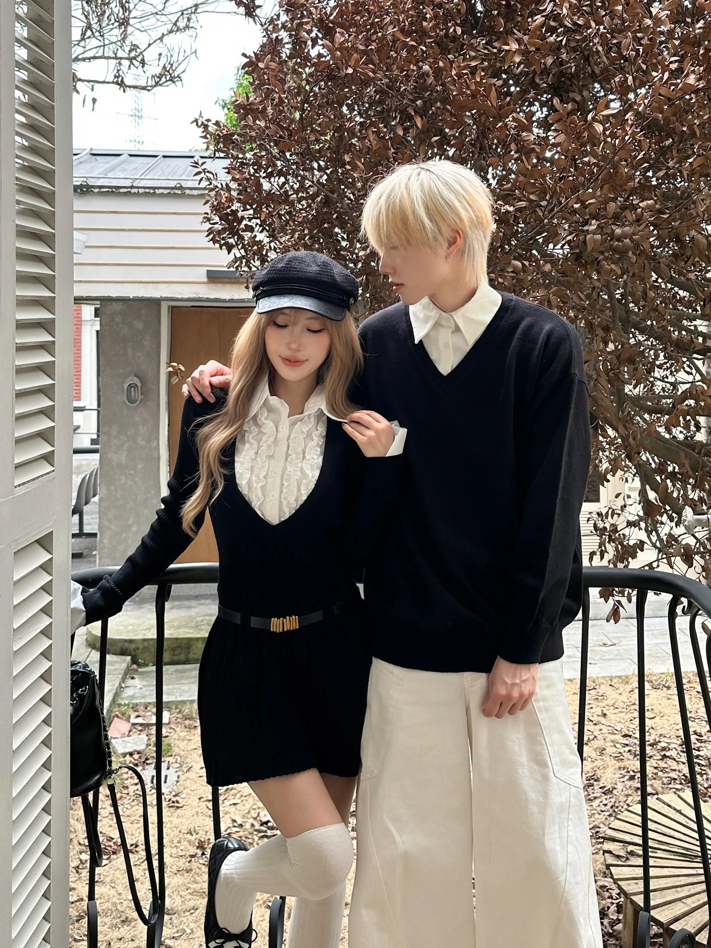 Black Knitted Sweater Dress for Couples Loose Fit French Style Long Sleeve Collared One Dress One Skirt Autumn Fashion 2026
