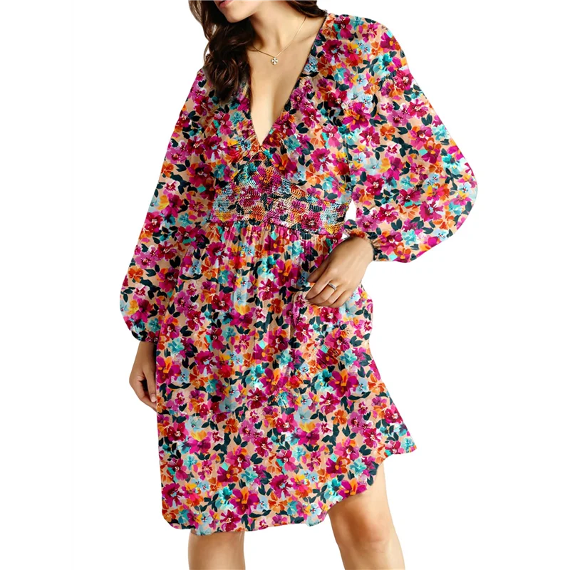 CGS-Donna Autunno Boho Floreale Scollo a V Manica lunga Smocked Elastico in vita Casual A-Line Mini abito prendisole