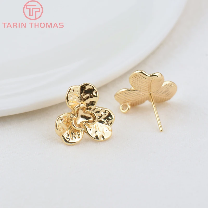 (2066)6PCS 14MM Hole 1.5MM 24K Gold Color Brass Flower Stud Earrings Pins High Quality DIY Jewellery Accessories