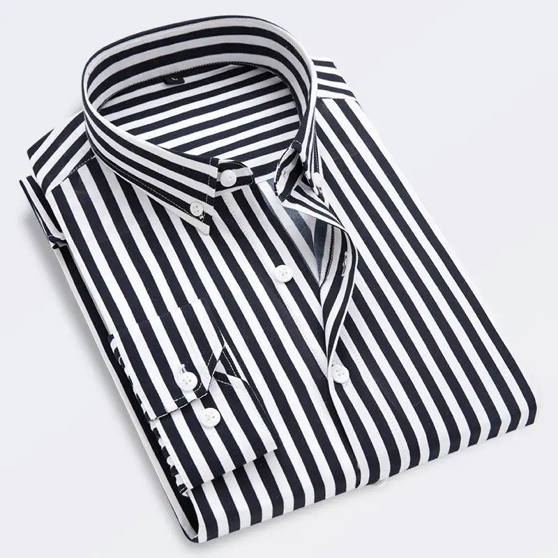 Long-Sleeve Shirt Striped Elastic Korean-Style Quality Men's Wear Business Casual Versatile Square-Neck Shirt